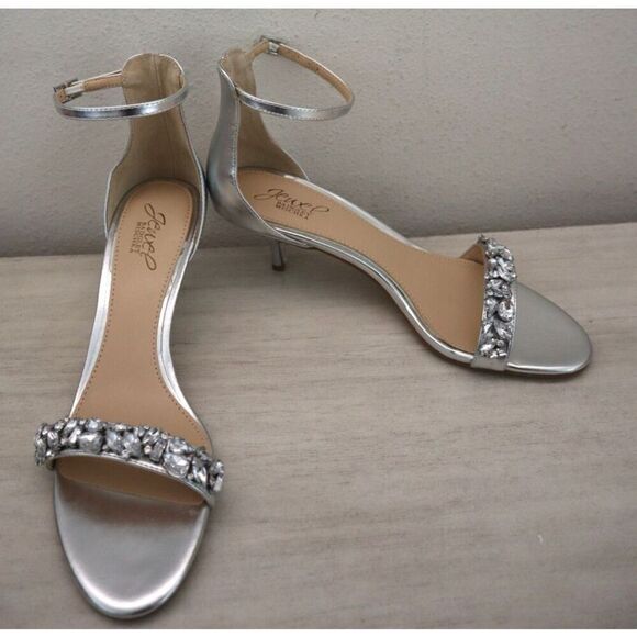 Jewel Badgley Mischka Women's Sz 8.5 Silver Dash Embellished Heel Sandals - Picture 13 of 16